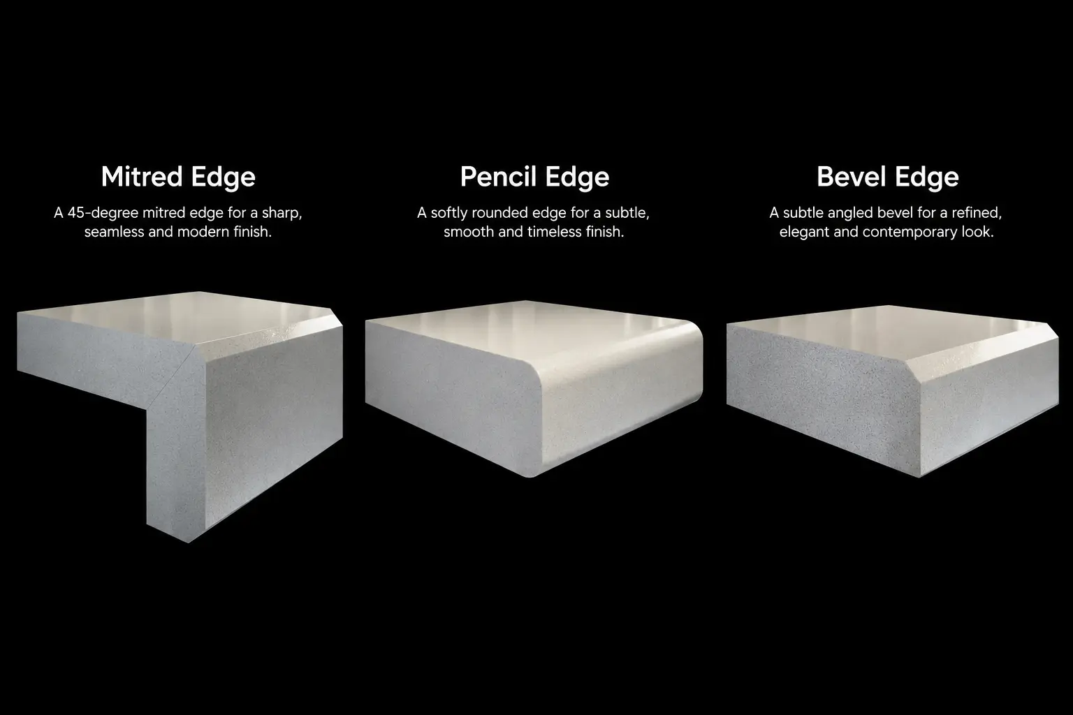 Quartz Thickness Options Teddington 20mm and 30mm quartz worktop thickness options with edge profile examples for Teddington kitchens
