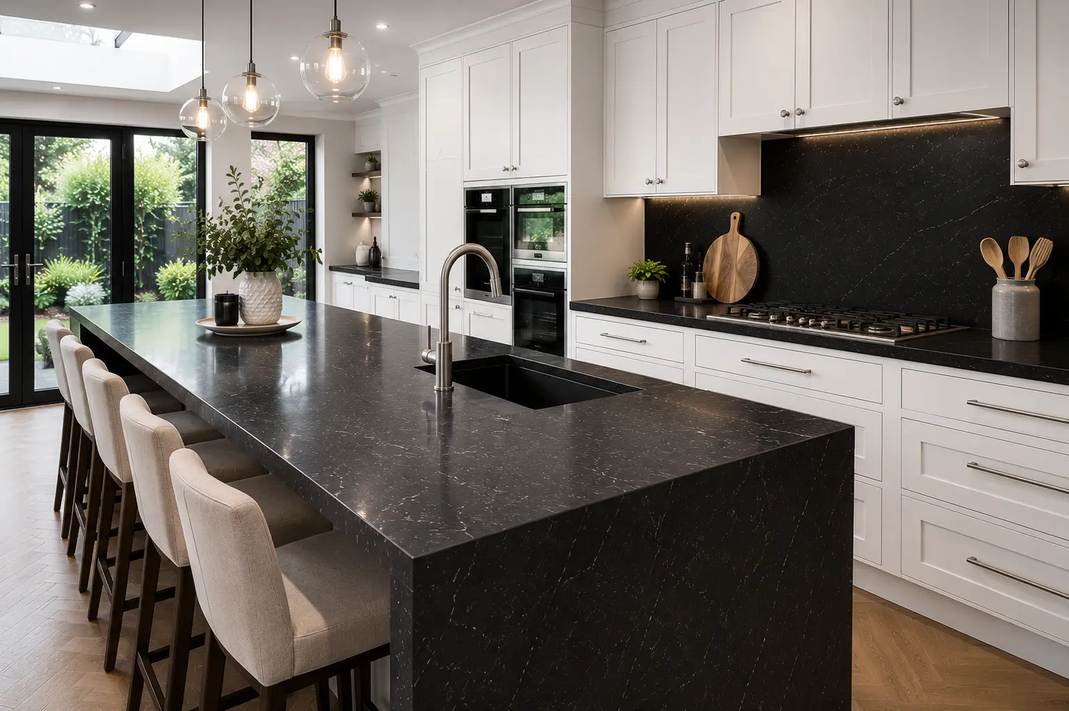 Black Quartz Island Teddington Black quartz island with waterfall edge in a Teddington kitchen