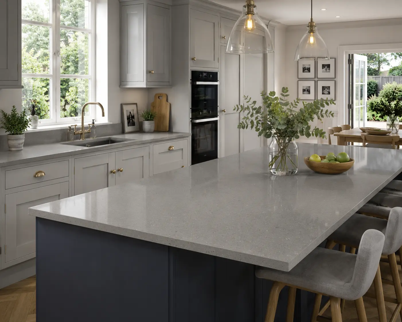 Grey Quartz Worktops Teddington Grey quartz worktops in a busy family kitchen in Teddington