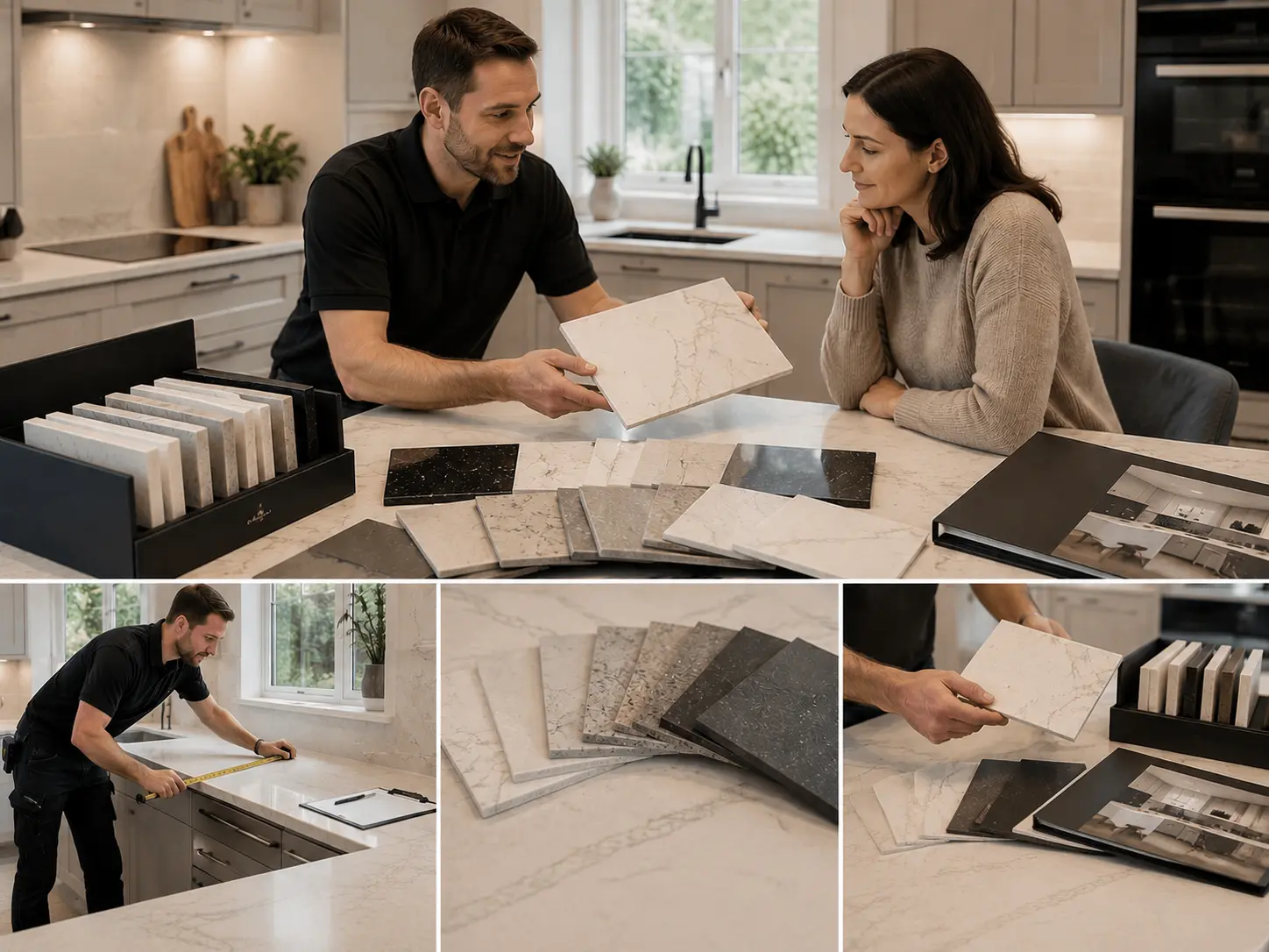 Quartz Samples Teddington Quartz samples in white grey and Calacatta styles for Teddington customers